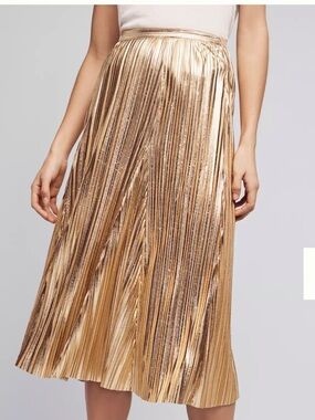 Maeve Metallic Gold Pleated Midi Skirt